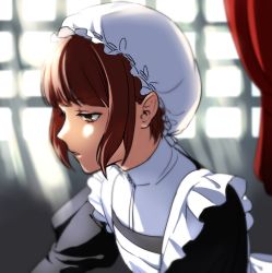 Rule 34 | 10s, 1girl, alternate costume, apron, bad id, bad pixiv id, blunt bangs, blurry, brown eyes, brown hair, curtains, depth of field, enmaided, eyebrows, eyelashes, flat chest, frills, from side, hat, headdress, juliet sleeves, kantai collection, long sleeves, maid, maid apron, maid cap, mob cap, nonomori, parted lips, profile, puffy sleeves, shade, short hair, sidelocks, sketch, solo, upper body, window, z3 max schultz (kancolle)