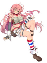Rule 34 | 1girl, absurdres, breasts, elbow gloves, fingerless gloves, fringe trim, gloves, hero island, highres, kasai shin, large breasts, long hair, midriff, navel, official art, pink hair, socks, solo, striped clothes, striped legwear, striped socks, thigh strap, torn clothes, underboob, yellow eyes, zipper