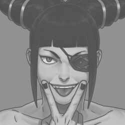 Rule 34 | 1girl, black nails, broad shoulders, drill hair, efd, evil smile, eyepatch, fangs, furrowed brow, grey background, hair ornament, han juri, highres, nail, smile, street fighter, tagme, tongue, tongue out, twin drills
