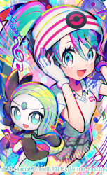 Rule 34 | 1girl, :d, artist name, beamed eighth notes, beanie, bracelet, commentary, creatures (company), crossover, eighth note, eyelashes, game freak, gen 5 pokemon, gloves, green eyes, green hair, grey skirt, half note, hands up, happy, hat, hatsune miku, highres, jewelry, legendary pokemon, long hair, looking at viewer, meloetta, musical note, mythical pokemon, naoto (yandereheaven), nintendo, open mouth, pixiv id, pleated skirt, pokemon, pokemon (creature), project voltage, psychic miku (project voltage), shirt, short sleeves, single glove, skirt, smile, tongue, treble clef, twitter username, vocaloid, white gloves, white headwear, white shirt