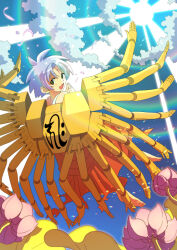 Rule 34 | 1boy, barefoot, blue hair, butsu zone, day, extra arms, facial mark, flower, forehead mark, fuji3mietasakki, full body, looking at viewer, looking back, mechanical arms, own hands together, senju (butsu zone), solo, sunlight