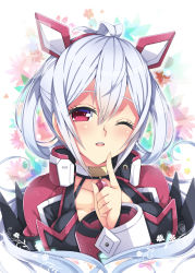 Rule 34 | 1girl, ahoge, breasts, collar, collarbone, finger to mouth, floral background, hair rings, headgear, highres, innocent cluster, long hair, looking at viewer, matoi (pso2), milkpanda, one eye closed, open mouth, phantasy star, phantasy star online 2, red eyes, silver hair, solo, teeth, twintails