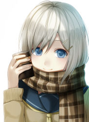 Rule 34 | 10s, 1girl, blouse, blue eyes, breasts, can, canned coffee, coffee, drink can, gloves, hair ornament, hairclip, hamakaze (kancolle), jacket, kantai collection, long sleeves, looking at viewer, plaid, plaid scarf, pleated skirt, scarf, school uniform, serafuku, shirt, short hair, skirt, smile, solo, white gloves, white hair, yuushin