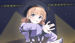 Rule 34 | 1girl, alternate hairstyle, beret, black bow, black bowtie, black hat, blue eyes, blurry, blurry background, blush, bow, bowtie, center frills, commentary request, dancing, film grain, frilled sleeves, frills, grin, hand up, hat, highres, idolmaster, idolmaster million live!, juliet sleeves, light brown hair, light particles, long sleeves, looking at viewer, low twintails, meeeeeeco359, official alternate costume, proud of stage (idolmaster), puffy sleeves, purple shirt, shirt, short twintails, sleeve garter, smile, solo, stage, suou momoko, suspenders, sweat, twintails, upper body, wide sleeves