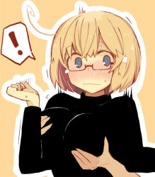 Rule 34 | !, ^^^, 1girl, blonde hair, blue eyes, blush, grabbing another&#039;s breast, crie, glasses, grabbing, original, outline, short hair, solo focus, sukima (crie), sweater, yellow background