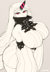 Rule 34 | 1girl, abyssal ship, artist name, bare shoulders, breasts, covered mouth, detached sleeves, dress, highres, horns, huge breasts, kantai collection, limited palette, long hair, looking at viewer, pale skin, pink eyes, seaport princess, sideboob, single horn, solo, uni (oni unicorn), very long hair, white dress, white hair, wide sleeves