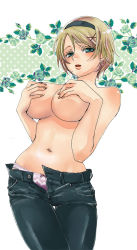 Rule 34 | 1girl, axis powers hetalia, blonde hair, blush, bow, bow panties, breasts, cielo (artist), covering privates, covering breasts, cowboy shot, denim, flower, green eyes, hair ornament, hairband, hairclip, jeans, lace, lace-trimmed panties, lace trim, large breasts, lips, navel, panties, pants, parted lips, pink panties, purple panties, short hair, solo, thigh gap, tomboy, topless, ukraine (hetalia), unbuttoned, underwear, unzipped