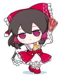 Rule 34 | 1girl, ascot, bow, brown hair, collar, detached sleeves, frilled shirt collar, frills, fumo (doll), gohei, hair bow, hair tubes, hakurei reimu, highres, long hair, medium hair, nontraditional miko, ofuda, red bow, red eyes, red footwear, red shirt, red skirt, rei (tonbo0430), ribbon-trimmed sleeves, ribbon trim, shirt, sidelocks, simple background, skirt, skirt set, sleeveless, socks, solo, touhou, underskirt, white background, white collar, yellow ascot