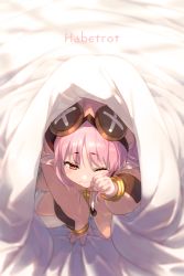 Rule 34 | 1girl, baggy clothes, bed sheet, blush, button eyes, buttons, character name, coat, echo (circa), fate/grand order, fate (series), habetrot (fate), hat, long hair, long sleeves, looking at viewer, one eye closed, pink coat, pink hair, pink hat, pointy ears, red eyes, solo, waking up