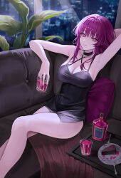 Rule 34 | 1girl, absurdres, alternate costume, arm up, armpits, bare arms, bare legs, bare shoulders, bead necklace, beads, black choker, black dress, breasts, cake, choker, cleavage, commentary, criss-cross halter, cup, dress, drinking glass, feet out of frame, food, halterneck, highres, holding, holding cup, honkai: star rail, honkai (series), indoors, jewelry, kafka (honkai: star rail), large breasts, long hair, necklace, plate, purple eyes, purple hair, sicle, sitting, sleeveless, sleeveless dress, solo, thighs