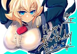 1girl, ahoge, ascot, blazblue, blonde hair, blue eyes, breasts, center frills, es (xblaze), frills, ha88hama, happy birthday, highres, huge ahoge, huge breasts, impossible clothes, impossible shirt, looking at viewer, oppai loli, red neckwear, shirt, slit pupils, smile, solo, underbust, wide sleeves, xblaze, xblaze code: embryo