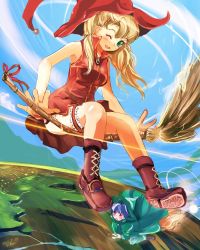 Rule 34 | 2girls, blonde hair, blush, broom, broom riding, green eyes, hat, multiple girls, one eye closed, sidesaddle, sleeveless, suoni (deeperocean), wink, witch, witch hat