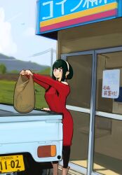 Rule 34 | 1girl, bag, black hair, black pantyhose, closed mouth, day, hairband, higemu, highres, long hair, motor vehicle, outdoors, pantyhose, pickup truck, power lines, red eyes, red sweater, shop, shopping bag, smile, solo, spy x family, sweater, truck, utility pole, white hairband, yor briar