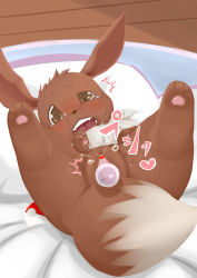 Rule 34 | 1girl, absurdres, animal ears, animal hands, aoimua, bed, blush, brown eyes, censored, creatures (company), dildo, eevee, fangs, feet, female ejaculation, female focus, female masturbation, female orgasm, full body, furry, furry female, game freak, gen 1 pokemon, heart, heart censor, highres, indoors, jpeg artifacts, legs up, looking at viewer, lying, masturbation, nintendo, object insertion, on back, on bed, open mouth, orgasm, pillow, poke ball, pokemon, pokemon (creature), pokemon rgby, pussy, pussy juice, saliva, sex toy, solo, spread legs, sweat, tail, tears, teeth, text focus, tongue, translation request, vaginal, vaginal object insertion, vibrator