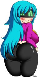 Rule 34 | 1girl, ass, black pants, blue hair, blush, breasts, closed eyes, from behind, goggles, large breasts, long hair, looking back, midriff, pants, pokumii, purple shirt, shirt, smile, standing, transparent background