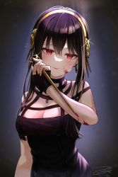Rule 34 | 1girl, absurdres, bare shoulders, black background, black dress, black gloves, black hair, blood, blood on face, blush, breasts, choker, cleavage, closed mouth, dagger, dress, earrings, fingerless gloves, gloves, hair ornament, half-closed eyes, highres, holding, holding weapon, jewelry, knife, large breasts, looking at viewer, sidelocks, simple background, sleeveless, sleeveless dress, smile, sparkle, spotlight, spy x family, upper body, weapon, yor briar, zerotsu 0215