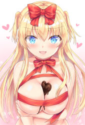 Rule 34 | 1girl, :d, arm under breasts, blonde hair, blue eyes, blush, bow, breast hold, breasts, candy, chocolate, chocolate heart, chocolate on body, chocolate on breasts, cleavage, collarbone, commentary request, food, food between breasts, food on body, hair between eyes, hair bow, heart, large breasts, long hair, nagare yoshimi, naked ribbon, open mouth, original, red bow, red ribbon, ribbon, skindentation, smile, solo, two side up, upper body, valentine, very long hair