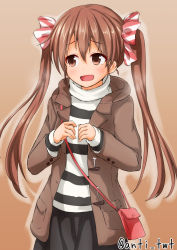 Rule 34 | 10s, 1girl, anti (untea9), bag, blush, bow, brown coat, brown eyes, brown hair, casual, coat, cowboy shot, dark-skinned female, dark skin, hair bow, handbag, highres, kantai collection, libeccio (kancolle), long hair, long sleeves, open mouth, red bow, shoulder bag, smile, solo, striped clothes, striped sweater, sweater, twintails, twitter username