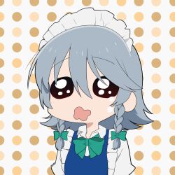 Rule 34 | 1girl, blue dress, bocchi the rock!, bow, braid, commentary, crying, crying with eyes open, dress, english commentary, green bow, grey hair, highres, izayoi sakuya, maid, maid headdress, medium hair, no nose, open mouth, parody, polka dot, polka dot background, puffy short sleeves, puffy sleeves, short sleeves, solo, tears, touhou, twin braids, umisaki