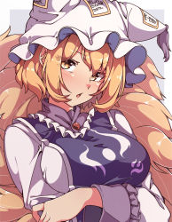 Rule 34 | 1girl, animal ears, animal hat, blonde hair, blush, border, breasts, fox ears, fox tail, gokuu (acoloredpencil), hair between eyes, hat, highres, large breasts, long sleeves, mob cap, multiple tails, open mouth, short hair, solo, tabard, tail, touhou, upper body, white border, white hat, wide sleeves, yakumo ran, yellow eyes