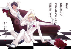 Rule 34 | 10s, 2boys, ascot, bad id, bad pixiv id, barnaby brooks jr., blonde hair, bouquet, brown eyes, brown hair, checkered floor, corsage, couch, facial hair, floor, flower, formal, glasses, green eyes, kaburagi t. kotetsu, male focus, multiple boys, red flower, red rose, rose, shihouakira, short hair, stubble, suit, tiger &amp; bunny, translation request, vest