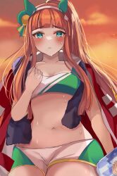 Rule 34 | 1girl, alternate costume, alternate hairstyle, animal ears, aqua eyes, blush, bottle, breasts, cleavage, closed mouth, commentary request, ear covers, green shorts, green sports bra, hairband, hanamura pink, highres, holding, holding bottle, horse ears, horse girl, jacket, jacket on shoulders, long hair, looking at viewer, navel, open clothes, open jacket, outdoors, ponytail, shorts, silence suzuka (umamusume), small breasts, solo, sports bra, sunset, sweatdrop, towel, towel around neck, track jacket, two-tone shorts, two-tone sports bra, umamusume, white hairband, white shorts, white sports bra