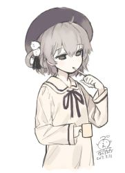 Rule 34 | 1girl, ahoge, beret, black hat, black ribbon, blush, brown eyes, brown hair, brown ribbon, brown sailor collar, brown shirt, capriccio, closed mouth, commentary request, dated, flower, hair between eyes, hair flower, hair ornament, hair ribbon, hat, hatoba tsugu, holding, holding mug, holding toothbrush, long sleeves, looking away, mole, mole under eye, mole under mouth, neck ribbon, ribbon, sailor collar, sailor shirt, shirt, signature, simple background, solo, toothbrush, virtual youtuber, white background