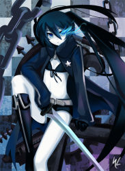 Rule 34 | 10s, 1girl, belt, bikini, bikini top only, black hair, black rock shooter, black rock shooter (character), blue eyes, boots, broken, broken chain, cape, chain, chain, checkered background, female focus, flat chest, jacket, kaizeru, long hair, navel, open clothes, open jacket, shorts, solo, swimsuit, sword, twintails, weapon