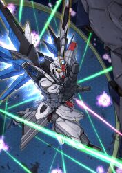 Rule 34 | absurdres, albert rbk, beam saber, commentary request, exhaust, explosion, eye trail, flying, foreshortening, freedom gundam, genesis (gundam), glowing, glowing eyes, gundam, gundam seed, highres, holding, holding sword, holding weapon, laser, light trail, mecha, mecha focus, mechanical wings, mobile suit, no humans, open hand, out of frame, providence gundam, robot, science fiction, solo focus, space, sword, twitter username, v-fin, war, weapon, wings, yellow eyes