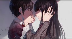 Rule 34 | 1boy, 1girl, bad id, bad pixiv id, black hair, commentary request, covering another&#039;s ear, covering another&#039;s mouth, danjou sora, ear piercing, earrings, eye contact, fingernails, grey nails, grey shirt, hand over another&#039;s mouth, highres, jewelry, light, long hair, long sleeves, looking at another, nail polish, original, parted lips, piercing, plaid, plaid shirt, profile, red eyes, red neckwear, ring, school uniform, shaded face, shirt, stud earrings, upper body, wide sleeves, wing collar