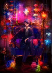 Rule 34 | 1boy, armchair, book, bottle, box, bug, butterfly, cage, chair, crystal, cup, cushion, eyepatch, formal, high heels, bug, jar, kyouka hatori, lamp, crossed legs, legs folded, long sleeves, male focus, pants, shoes, silver hair, sitting, solo, suit