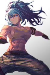 Rule 34 | 1girl, abs, ammunition pouch, armlet, bare shoulders, belt, biceps, blue eyes, blue hair, breasts, camouflage, camouflage pants, character name, dog tags, earrings, gloves, highres, jewelry, large breasts, leona heidern, midriff, military, military uniform, muscular, muscular female, pants, ponytail, pouch, rasetsu001, sleeveless, solo, standing, tank top, the king of fighters, the king of fighters xiv, the king of fighters xv, triangle earrings, uniform, white background, yellow tank top