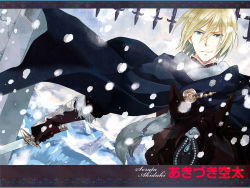 Rule 34 | 1boy, akagami no shirayukihime, armor, beads, blonde hair, blue eyes, cape, clasp, fur trim, gate, gauntlets, gloves, highres, horse, izana wistalia, jewelry, male focus, mountain, official art, official wallpaper, outdoors, prince, riding, scarf, snow, solo, sorata akiduki, sword, wallpaper, weapon