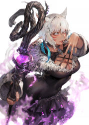 Rule 34 | 1girl, animal ears, aoin, aura, black dress, black mage (final fantasy), breasts, bright pupils, brooch, cat ears, cat tail, choker, cleavage, dress, facial mark, feather hair ornament, feathers, final fantasy, final fantasy xiv, finger to mouth, fur trim, gloves, glowing, grey eyes, grey hair, hair ornament, highres, holding, holding staff, jewelry, light smile, lips, long sleeves, looking at viewer, magic, medium breasts, miqo&#039;te, parted lips, partially fingerless gloves, ring, short hair, simple background, single glove, solo, staff, tail, upper body, whisker markings, white pupils, y&#039;shtola rhul