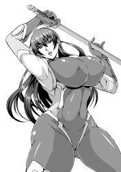 Rule 34 | 1girl, armpits, arms up, breasts, cameltoe, covered erect nipples, covered navel, elbow gloves, gauntlets, gloves, gluteal fold, hair between eyes, holding, holding sword, holding weapon, huge breasts, igawa asagi, long hair, looking at viewer, mifune seijirou, monochrome, simple background, solo, sword, taimanin (series), taimanin asagi, taimanin suit, toned, weapon, white background
