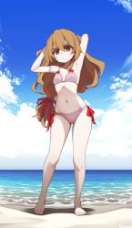 Rule 34 | 1girl, :/, absurdres, aisaka taiga, armband, armpits, arms up, artist logo, bare shoulders, beach, bikini, bow, bow bikini, breasts, bright pupils, brown eyes, closed mouth, cloud, cloudy sky, collarbone, commission, commissioner upload, day, flipped hair, frilled armband, frilled bikini, frills, full body, gluteal fold, groin, hair between eyes, hair bow, hair ornament, hair ribbon, highres, purple bikini, light brown hair, light frown, long hair, looking at viewer, low ponytail, navel, non-web source, ocean, once 11h, red bow, red ribbon, ribbon, sand, sidelocks, sky, small breasts, solo, standing, stomach, swimsuit, toradora!, very long hair, wavy hair, white pupils