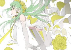 Rule 34 | 1girl, bad id, bad pixiv id, boots, bow, c.c., code geass, dress, elbow gloves, flower, frills, gloves, green hair, hair flower, hair ornament, leg up, long hair, loo, ribbon, solo, strapless, strapless dress, thigh boots, thighhighs, white dress, white gloves, white thighhighs, yellow eyes