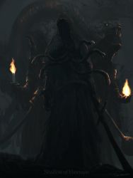Rule 34 | 3others, animal, black cloak, bloodborne, candle, cloak, commentary, copyright name, dark, facing viewer, fire, fire, giant snake, highres, holding, holding candle, holding sword, holding weapon, monster, multiple others, outdoors, oversized animal, scenery, shadow of yharnam, snake, sword, torch, tripdancer, weapon
