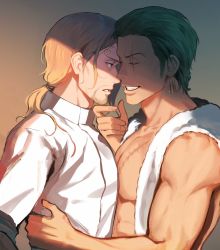 Rule 34 | 2boys, aged up, alternate hairstyle, bare shoulders, blonde hair, collared shirt, curly eyebrows, facial hair, goatee, green hair, grin, hair over one eye, hair slicked back, hand on another&#039;s chin, highres, imminent kiss, kotomine (a1569), long hair, long sideburns, male focus, multiple boys, one piece, open clothes, open shirt, pectoral press, ponytail, roronoa zoro, sanji (one piece), scar, scar across eye, shirt, short hair, sideburns, sleeveless, smile, stitches, toned, toned male, upper body, yaoi