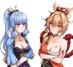 Rule 34 | 2girls, arm tattoo, armor, ayaka (genshin impact), bandages, black sash, blonde hair, blue choker, blue eyes, blue hair, blue shirt, blush, breastplate, breasts, chest sarashi, chest tattoo, choker, cleavage, collarbone, commentary, commentary request, crossed arms, genshin impact, highres, japanese clothes, kimono, long hair, looking at viewer, mbz3, medium breasts, multiple girls, obi, orange kimono, parted lips, ponytail, red choker, sarashi, sash, shirt, short hair, short sleeves, simple background, single bare shoulder, tattoo, upper body, very long hair, white background, yellow eyes, yoimiya (genshin impact)