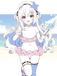 Rule 34 | 1girl, amane kanata, angel wings, beach, blue eyes, breasts, cleft of venus, female focus, hololive, looking at viewer, navel, nipples, open mouth, outdoors, pussy, small breasts, solo, virtual youtuber, white hair, wings, yazawa oke