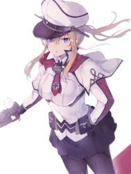 Rule 34 | 10s, 1girl, black gloves, black pantyhose, blonde hair, blue eyes, blurry, breasts, capelet, celtic knot, cowboy shot, cross, depth of field, foreshortening, gloves, graf zeppelin (kancolle), hat, highres, impossible clothes, iron cross, kantai collection, large breasts, long hair, looking at viewer, military, military uniform, miniskirt, necktie, pantyhose, peaked cap, pleated skirt, sidelocks, skirt, solo, sumisu (mondo), twintails, uniform, wind
