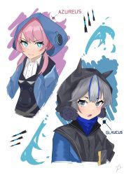Rule 34 | 2girls, absurdres, arknights, blue eyes, blue hair, blue jacket, blue poison (arknights), blush, closed mouth, commentary, double bun, enunomiya, glaucus (arknights), hair bun, highres, hood, hood up, hooded jacket, jacket, low twintails, multicolored hair, multiple girls, open clothes, open jacket, pink hair, simple background, smile, streaked hair, twintails
