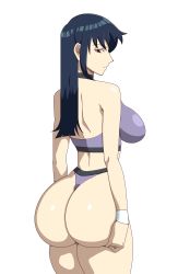 Rule 34 | 1girl, artist request, ass, ass grab, bare legs, bare shoulders, black hair, breasts, cleavage, curvy, expressionless, female focus, fujimura shizuru, grabbing own ass, gym uniform, highres, huge ass, large breasts, long hair, looking at another, lying, revealing clothes, shinkon gattai godannar!!, shiny skin, simple background, skindentation, sports bikini, sports bra, sweat, teeth, thong, underwear, white background, wide hips