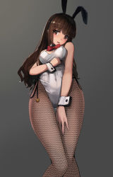 Rule 34 | 10s, 1girl, animal ears, bare shoulders, blush, bow, bowtie, breasts, brown eyes, brown hair, covered navel, detached collar, fake animal ears, fate/extra, fate (series), fishnet pantyhose, fishnets, hip focus, kishinami hakuno (female), leotard, long hair, looking at viewer, medium breasts, open mouth, pantyhose, playboy bunny, rabbit ears, rabbit girl, rabbit tail, simple background, solo, strapless, strapless leotard, sunga2usagi, tail, thighs, white leotard, wrist cuffs