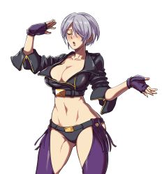 Rule 34 | 1girl, angel (kof), breasts, cleavage, fingerless gloves, gloves, grey hair, hair over one eye, half-closed eyes, highres, jacket, large breasts, looking at viewer, midriff, navel, open mouth, panties, short hair, snk, the king of fighters, thighs, toned, underwear, white background, white hair