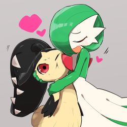 Rule 34 | 2girls, arms at sides, black hair, black skin, blunt bangs, blush, carrying, cheek squash, closed eyes, closed mouth, colored skin, creatures (company), enden (pixiv 57969220), female focus, flat chest, game freak, gardevoir, gen 3 pokemon, green hair, green skin, grey background, hair over one eye, hand on another&#039;s cheek, happy, heart, highres, hug, long hair, mawile, motion lines, multicolored skin, multiple girls, nintendo, one eye closed, open mouth, pokemon, pokemon (creature), red eyes, sharp teeth, shiny skin, short hair, smile, standing, sweat, teeth, two-tone skin, very long hair, white skin, yellow skin, yuri
