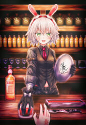 Rule 34 | 1girl, absurdres, animal ears, bandaged arm, bandages, bartender, black gloves, black vest, blush, breasts, collared shirt, command spell, dated, dress shirt, facial scar, fate/apocrypha, fate/grand order, fate/strange fake, fate (series), flat escardos, gloves, green eyes, grey shirt, hair between eyes, highres, jack the ripper (fate/apocrypha), jack the ripper (memory of qualia) (fate), knife, looking at viewer, necktie, rabbit ears, scar, scar across eye, scar on cheek, scar on face, shirt, short hair, slit pupils, small breasts, smile, solo focus, vest, white hair, yulan jiujian