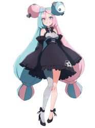 Rule 34 | 1girl, alternate costume, bare shoulders, black dress, black footwear, blue hair, bow-shaped hair, character hair ornament, creatures (company), detached sleeves, dress, eyelashes, full body, game freak, grey pantyhose, hair ornament, high heels, highres, iono (pokemon), kamidan, long hair, looking at viewer, multicolored hair, nintendo, pantyhose, pink eyes, pink hair, pokemon, pokemon sv, simple background, single leg pantyhose, sleeves past fingers, sleeves past wrists, smile, solo, teeth, twintails, two-tone hair, very long hair, white background