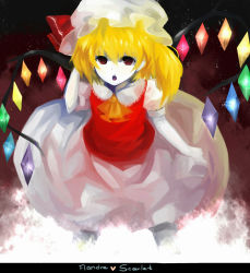 Rule 34 | 1girl, :o, adjusting hair, ascot, bad id, bad pixiv id, blonde hair, bow, embodiment of scarlet devil, fangs, female focus, flandre scarlet, gradient background, hat, hat bow, letterboxed, open mouth, pale skin, red eyes, sevten (ashkeroth), short hair, short sleeves, side ponytail, slit pupils, solo, touhou, wings